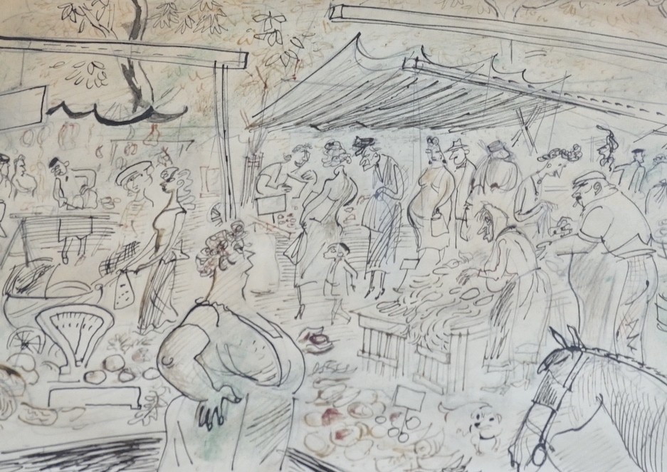 Walter Goetz (1911-1995), ink and wash, Market in Paris, 1949 Redfern Gallery label verso, 17 x 24.5cm